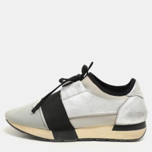 Balenciaga Silver Leather and Knit Fabric Race Runner Low Top Sneakers Size 39