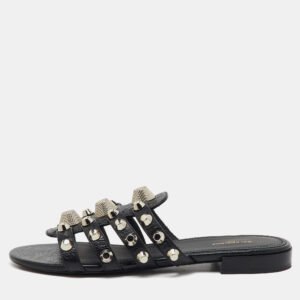 Balenciaga Black Studded Leather Arena Strappy Flat Slides Size 36.5