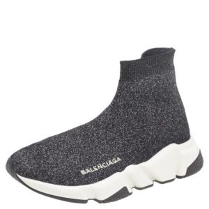 Balenciaga Black/Silver Glitter Knit Fabric Speed Trainer Sneakers Size 35
