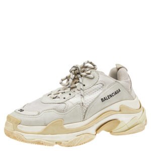 Balenciaga Grey/Beige Leather and Mesh Triple S Sneakers Size 39