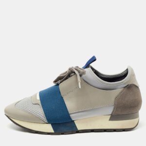 Balenciaga Grey/Blue Mesh and Leather Race Runner Sneakers Size 37