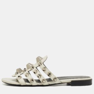 Balenciaga White Leather Studded Arena Flat Slides Size 38