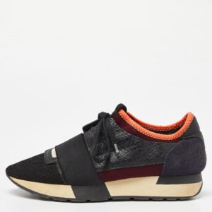 Balenciaga Black Mesh and Textured Leather Race Runner Sneakers Size 37