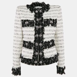 Balmain White Tweed Button Detail Fringed Jacket M