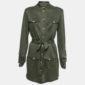 luxury-women-balmain-new-clothes-p756387-001 Balmain Kaki Green Knit Button-Embellished Belted Mini Dress M