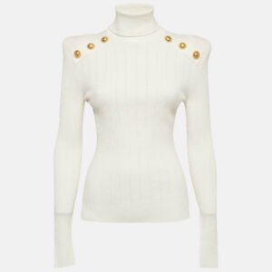Balmain White Rib Knit Structured Shoulders Turtleneck Sweater M