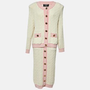 Balmain White Cable Knit Button Front Skirt & Cardigan Set L