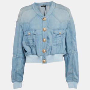 Balmain Blue Lyocell and Linen Button Detail Bomber Jacket L