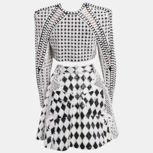 Balmain Black/White Crystal Embellished Wool and Leather Blazer and Skirt S