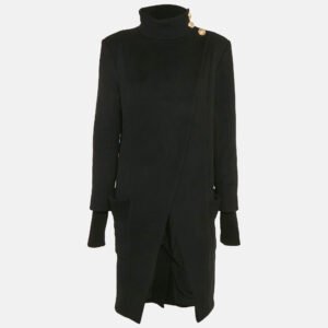 Balmain Black Wool Felt High Neck Coat M