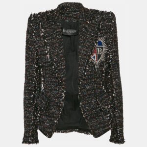 Balmain Black/Multicolor Tinsel Tweed Applique Detail Open Front Blazer S