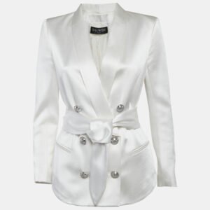 balmain white satin belted double breasted blazer m