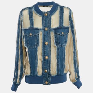 Balmain Blue/Beige Denim and Organza Silk Button Front Jacket M