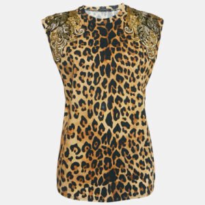 Balmain Brown Leopard Print Embellished Cotton Blend Knit Tank Top M