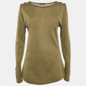 Balmain Olive Green Wool Button Detail Long Sleeve T-Shirt L
