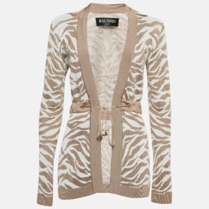 Balmain Beige/White Patterned Knit Drawstring  Cardigan S