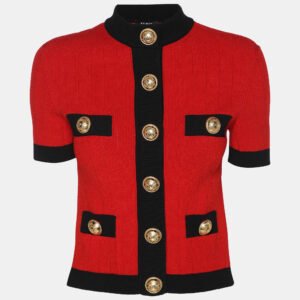 Balmain Red/Black Stretch Knit Short Sleeve Cropped Cardigan M