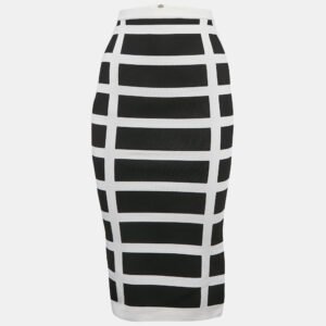 Balmain White/Black Intarsia Knit Zip-Up Pencil Midi Skirt S