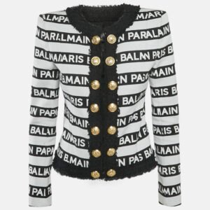 luxury-women-balmain-used-clothes-p1167094-001 Balmain White/Black Striped Logo Cotton Tweed Trim Blazer M