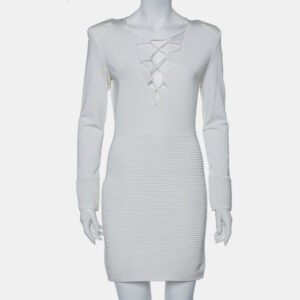 luxury-women-balmain-used-clothes-p423215-009 Balmain White Textured Knit Lace Up Tie Detail Mini Dress M