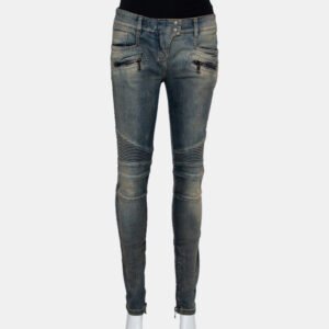Balmain Blue Denim Quilted Detail Faded Effect Biker Jeans M