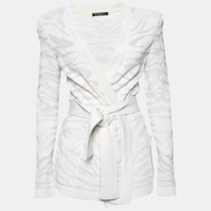 Balmain White Zebra Textured Knit Belted Wrap Cardigan M