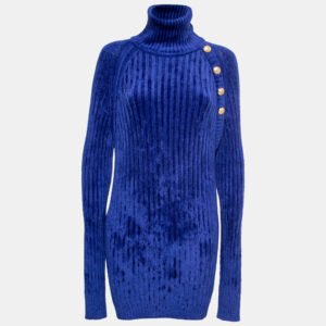Balmain Blue Knit Button Embellished Turtleneck Sweater Dress M