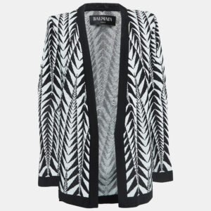 Balmain Black/White Patterned Knit Open Front Cardigan L