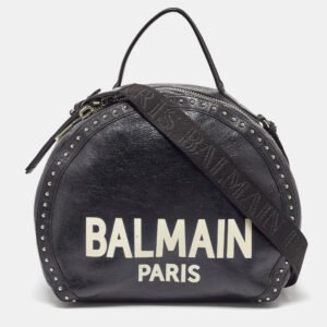 luxury-women-balmain-used-handbags-p1079219-015 Balmain Black Leather Studded Logo Drum Top Handle Bag