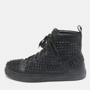 Balmain Black Leather Studded High Top Sneakers Size 40