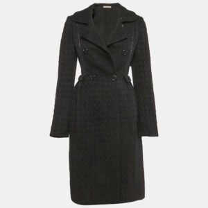 Bottega Veneta Black Jacquard Wool Blend Double Breasted Coat S