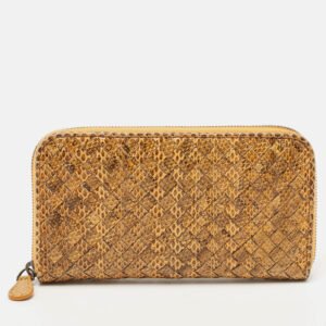 Bottega Veneta Orange/Black Karung Leather Zip Continental Wallet