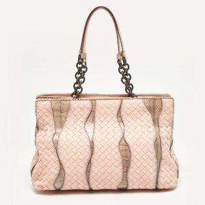 Bottega Veneta Salmon/Beige Intrecciato Leather and Snakeskin Frame Tote