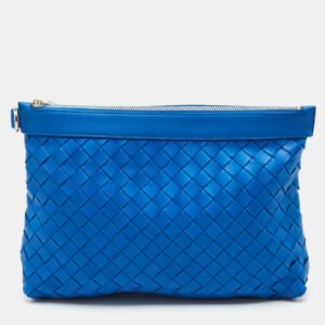 bottega veneta blue intrecciato leather top zip pouch