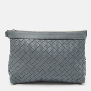 Bottega Veneta Slate Grey Intrecciato Leather Oversized Zip Pouch