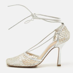 luxury-women-bottega-veneta-used-shoes-p1141326-010 Bottega Veneta Silver Mesh and Leather Stretch Ankle Tie Pumps Size 37