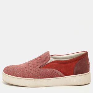 Bottega Veneta Burgundy/Brick Red Intrecciato Suede Dodger Slip On Sneakers 36