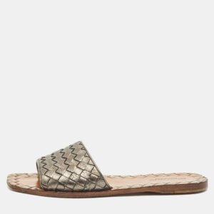Bottega Veneta Metallic Intrecciato Leather Ravello Flat Slides Size 36