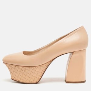 Bottega Veneta Beige Leather Intrecciato Platform Pumps Size 38