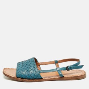 Bottega Veneta Blue Intrecciato Leather Slingback Open Toe Flat Sandals Size 39.5