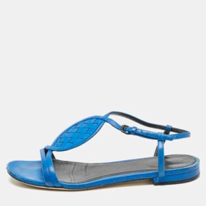 Bottega Veneta Blue Leather Ankle Strap Flat Sandals Size 39
