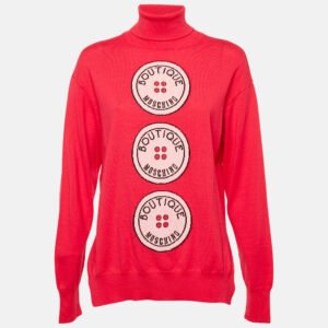 Boutique Moschino Pink Button Intarsia Wool Knit Turtle Neck Sweater M
