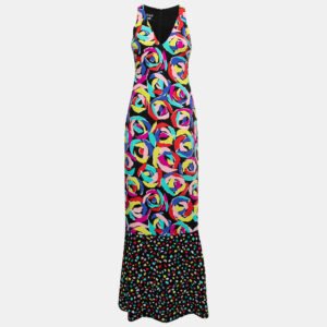Boutique Moschino Black Multicolor Floral Print Crepe Maxi Dress S