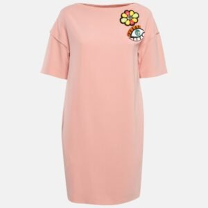 luxury-women-boutique-moschino-used-clothes-p983993-1716444588-002 Boutique Moschino Pink Brooch Applique Crepe Shift Dress S