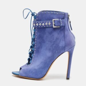 Brian Atwood Blue Suede Embellished Ankle Length Boots Size 38