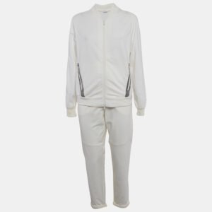 Brunello Cucinelli White Cotton Knit Monili Bead Detail Jacket and Joggers Set L