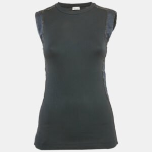 Brunello Cucinelli Blue Rib Knit Monili Detail Sleeveless Top S