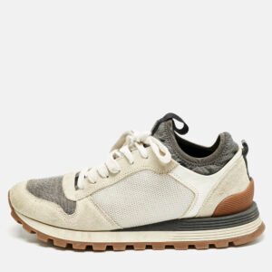 Brunello Cucinelli Grey/White Suede and Mesh Low Top Sneakers Size 39