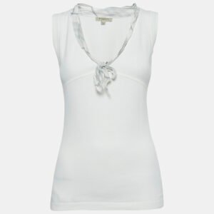 Burberry London White Cotton Knit Tie-Up Neck  Detail Sleeveless Top S