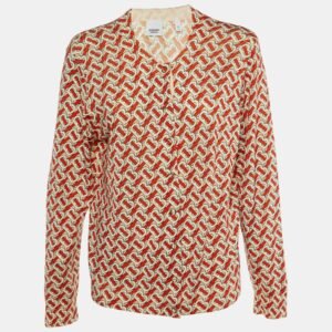 luxury-women-burberry-london-used-clothes-p1152277-004 Burberry Cream & Red Monogram Printed Wool Cardigan XL